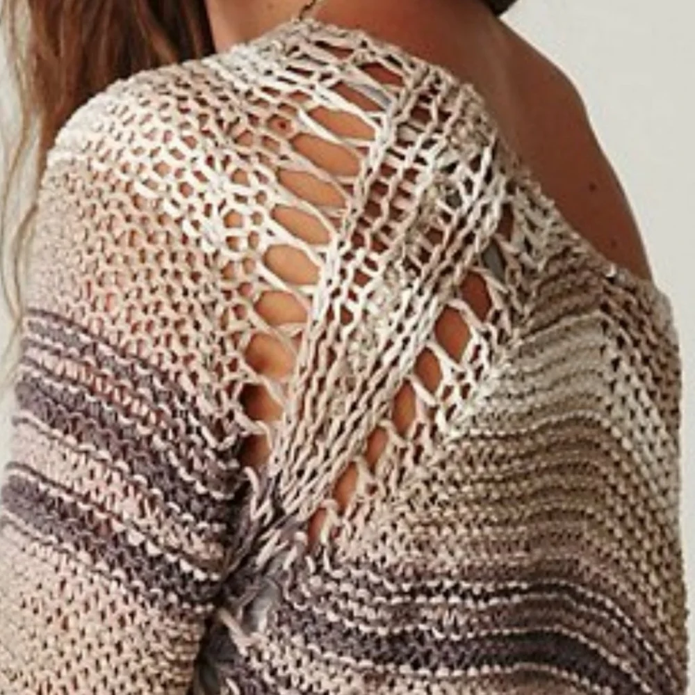 Free People Desert Moon Sweater Sand Striped Open Knit Pullover Wide Neck MEDIUM